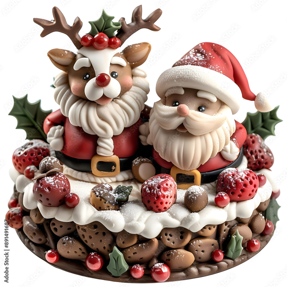 Beautiful santa and reindeer cake, single object Beautiful santa and reindeer cake, single object