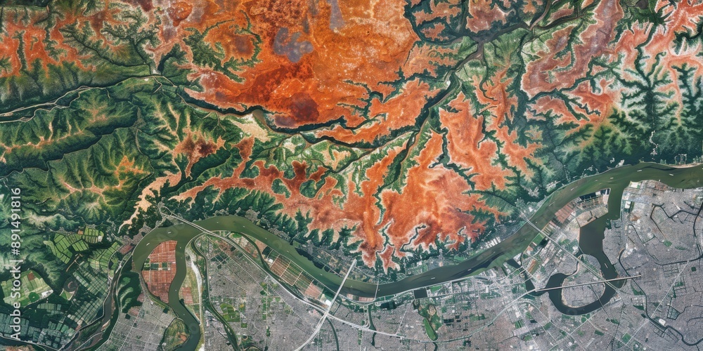 Naklejka premium Overhead satellite, earth, and topography of Tokyo, Japan for navigation. Countries' land, group, and topography with aerial geography for international or global view.