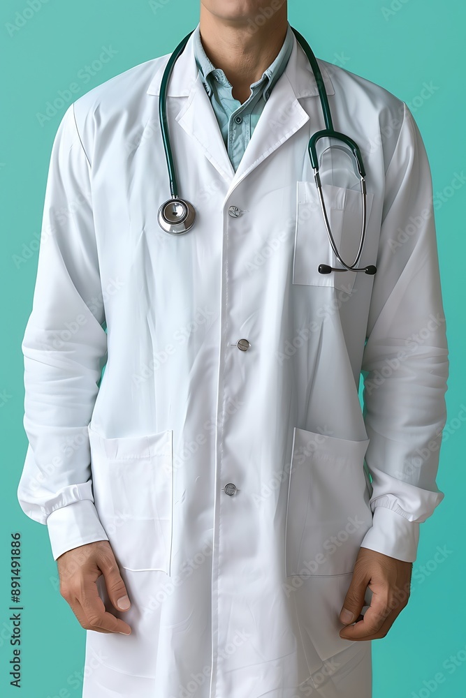 Doctor in white coat, stethoscope around neck, light teal background, professional and calm Doctor in white coat, stethoscope around neck, light teal background, professional and calm