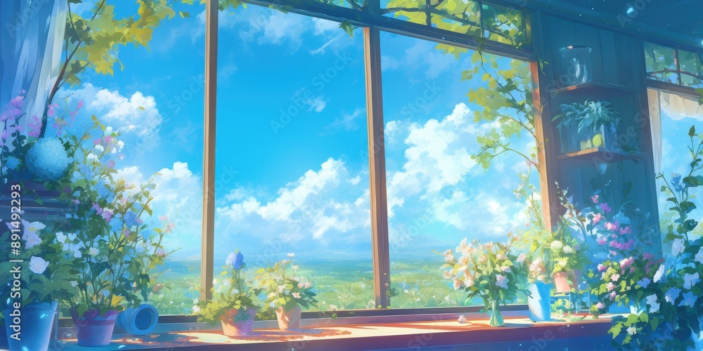 Fototapeta premium Anime illustration of potted flowers on a sunny windowsill