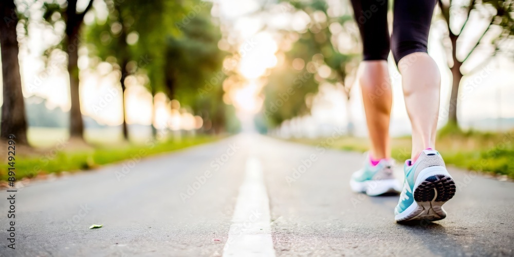 Woman’s running shoes on early morning path
Woman’s running shoes on early morning path