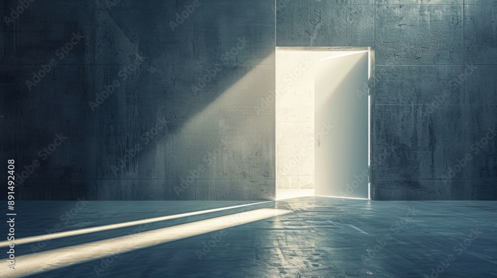 Light shines through an open door in the concrete room Light shines through an open door in the concrete room