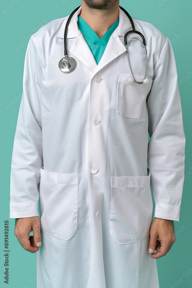 Doctor in white coat, stethoscope around neck, light teal background, professional and calm Doctor in white coat, stethoscope around neck, light teal background, professional and calm