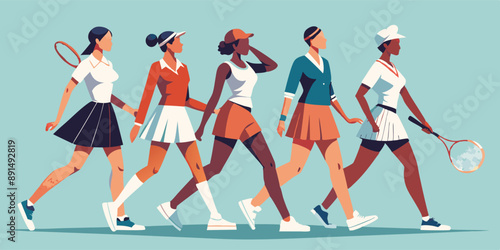 In a line, a collection of females are strolling while clasping hands together