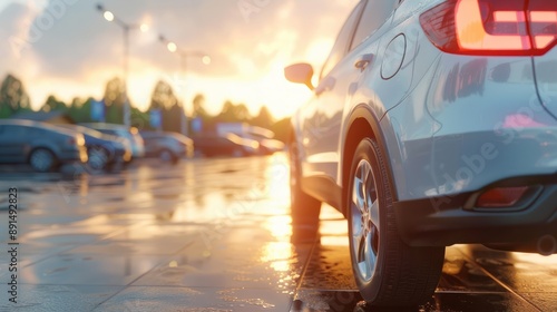 Car parked at outdoor parking lot. Used car for sale and rental service. Car insurance background