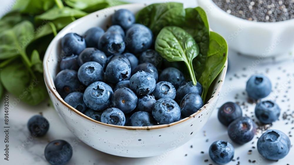 A healthy breakfast bowl with detoxifying ingredients like chia seeds, blueberries, and spinach A healthy breakfast bowl with detoxifying ingredients like chia seeds, blueberries, and spinach