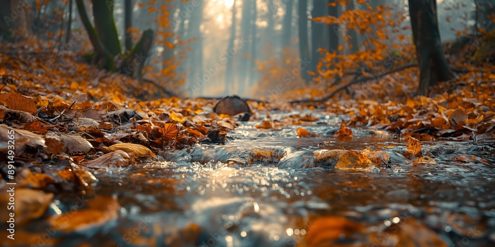 a close up small stream in autumn woodland, peaceful tranquil with morning sunlight and mist, nature fall season background a close up small stream in autumn woodland, peaceful tranquil with morning sunlight and mist, nature fall season background