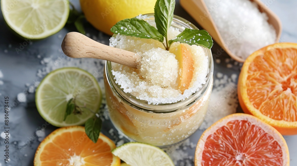 A jar of detoxifying body scrub with a wooden spoon, surrounded by fresh ingredients like citrus and sea salt A jar of detoxifying body scrub with a wooden spoon, surrounded by fresh ingredients like citrus and sea salt
