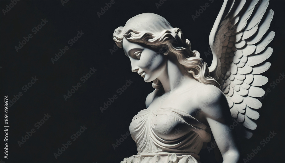 Fototapeta premium Closeup of detailed marble female angel statue with wings against dark background. Woman sculpture