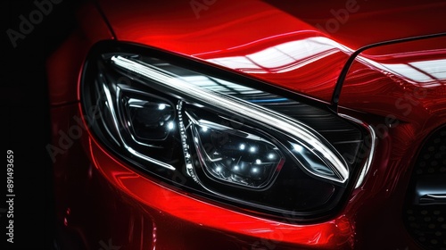 Closeup on headlight of a generic and unbranded red car on a black background