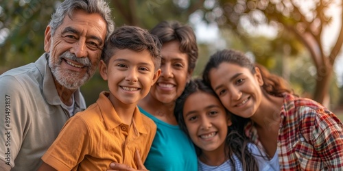 A joyful multigenerational Caucasian family outdoors. Sweet sibling connection with parents, grandparents, and great-grandparents at a park.