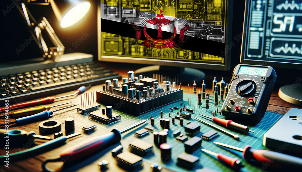 An electronics repair workspace featuring tools, circuit boards, and a multimeter, with a monitor displaying the Brunei flag overlaid on a digital circuit. An electronics repair workspace featuring tools, circuit boards, and a multimeter, with a monitor displaying the Brunei flag overlaid on a digital circuit.