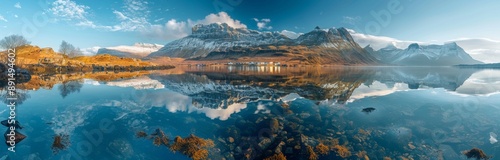 Majestic Aerial View of Scottish Highlands Mountains with Benbulben, Transparent Waters, and Snow-Capped Peaks at Sunrise photo