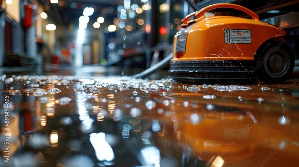 A Gleaming Orange Floor Cleaning Machine Creating Bubbles in an Industrial Setting. Generative AI A Gleaming Orange Floor Cleaning Machine Creating Bubbles in an Industrial Setting. Generative AI