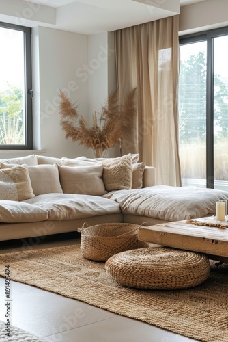 A modern living room featuring a beige sofa, natural light, woven decorations, large windows with curtains, and indoor plants, creating a serene and stylish atmosphere. photo