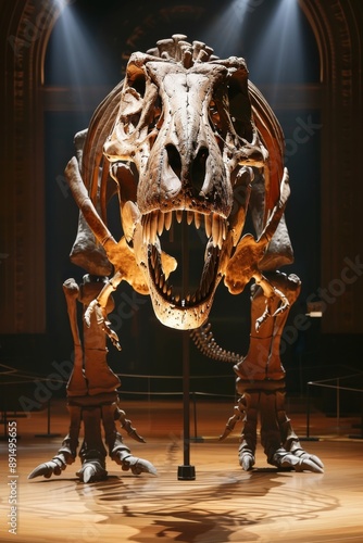 The dramatic display of a massive dinosaur skeleton, likely a T-Rex, in a museum setting, with dramatic lighting and a sense of awe and history surrounding the exhibit. photo