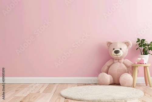 A pink wall with a white teddy bear sitting on a wooden stool. The room is empty and the teddy bear is the only object in the room