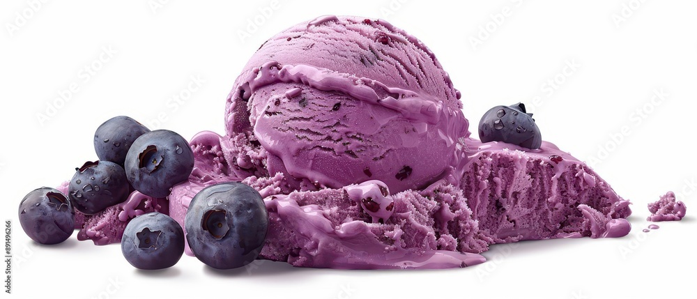 Close-up of delicious blueberry ice cream scoops garnished with fresh blueberries on a white background. Creamy, fruity, and refreshing.