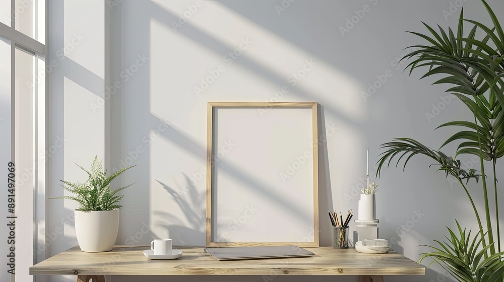 A white framed picture sits on a desk next to a potted plant. The desk is empty except for a laptop and a cup. The room is bright and airy, with sunlight streaming in through the window A white framed picture sits on a desk next to a potted plant. The desk is empty except for a laptop and a cup. The room is bright and airy, with sunlight streaming in through the window