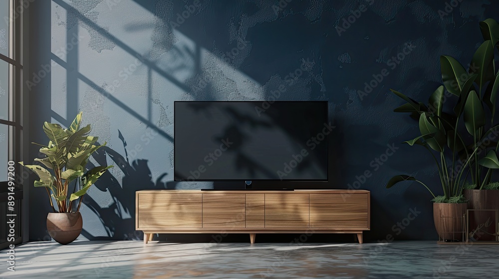 A television is sitting on a wooden entertainment center in a room with a blue wall. The room is well lit and has a modern, minimalist design