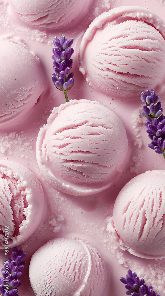Lavender Ice Cream: A delicate and floral scoop of lavender ice cream, arranged closely on a clean white background. Lavender Ice Cream: A delicate and floral scoop of lavender ice cream, arranged closely on a clean white background.