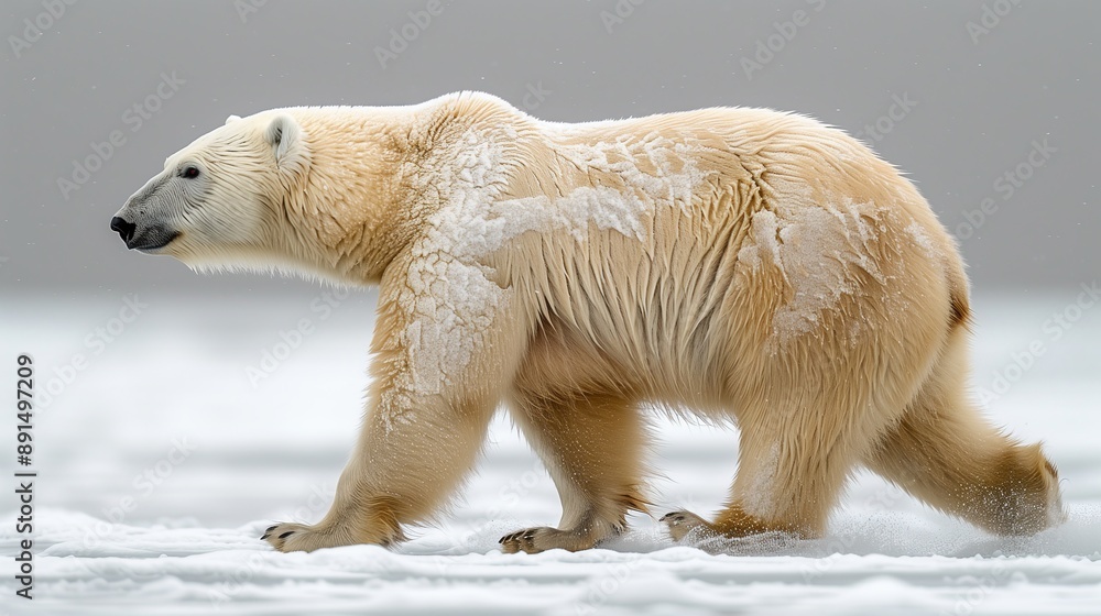Polar bear walking on snowy terrain, icy fur, Arctic wildlife, close-up Polar bear walking on snowy terrain, icy fur, Arctic wildlife, close-up