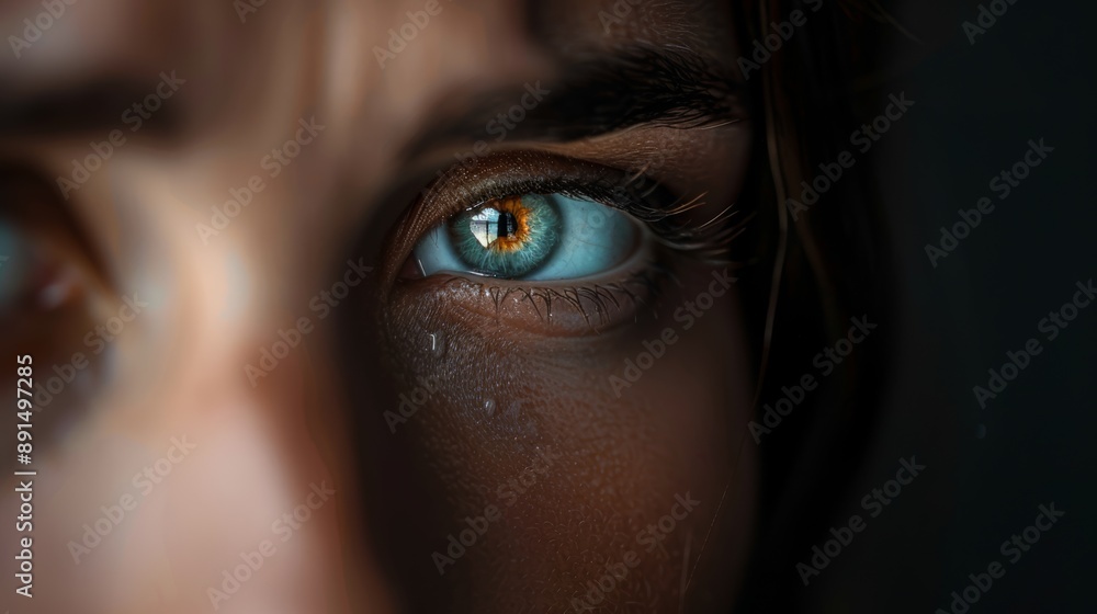 A close-up shot capturing a mesmerizing eye with vivid colors and a tear, evoking deep emotion and beauty. A close-up shot capturing a mesmerizing eye with vivid colors and a tear, evoking deep emotion and beauty.