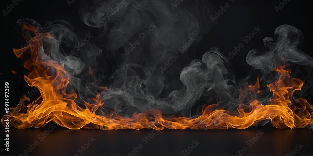 Fototapeta premium Abstract flames of fire with burning smoke on black background for products display.