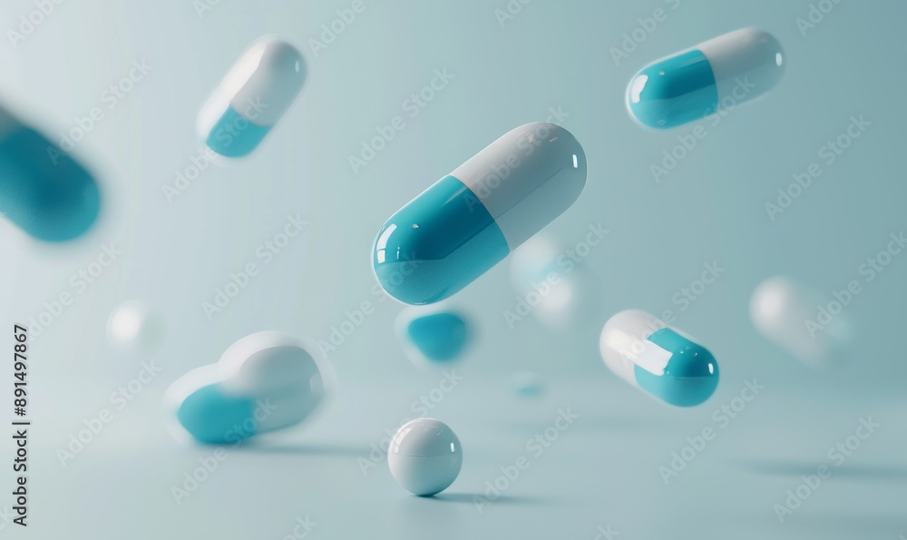 High-Resolution C4D Render of Floating Blue, White, and Green Pills in Minimalist Style with Macro Lens and Soft Light Creating a Calming Atmosphere High-Resolution C4D Render of Floating Blue, White, and Green Pills in Minimalist Style with Macro Lens and Soft Light Creating a Calming Atmosphere