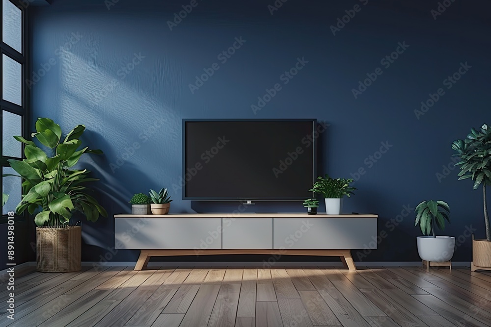 A living room with a large flat screen television on a wooden stand. The room is decorated with potted plants and a vase A living room with a large flat screen television on a wooden stand. The room is decorated with potted plants and a vase