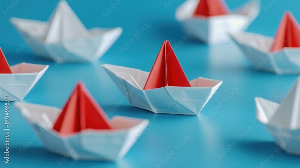 group of paper boats on a blue background group of paper boats on a blue background