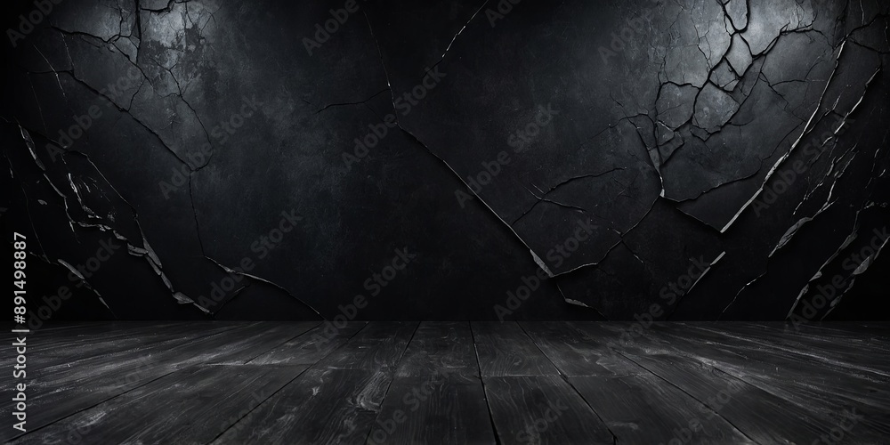 Fototapeta premium Abstract black background with fog and cracked floor, dark abstract wallpaper for product presentation.