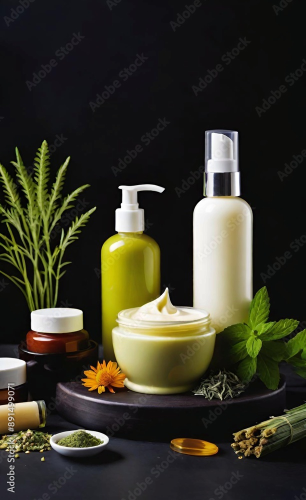 Elegant look herbal cream, shampoo and cosmatics items on a table in a dark background. This image is ai generated Elegant look herbal cream, shampoo and cosmatics items on a table in a dark background. This image is ai generated