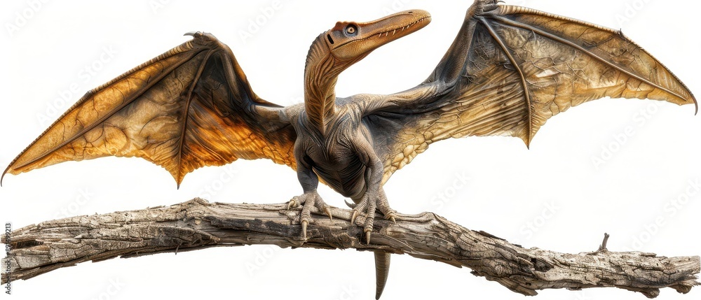 Fototapeta premium A detailed illustration of a pterosaur with wings spread, perched on a branch. Prehistoric flying reptile with realistic textures and colors.