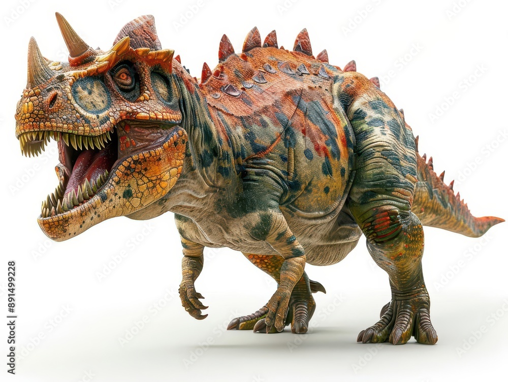 Realistic 3D illustration of a fierce dinosaur in action, showcasing detailed textures and vibrant colors on a white background.