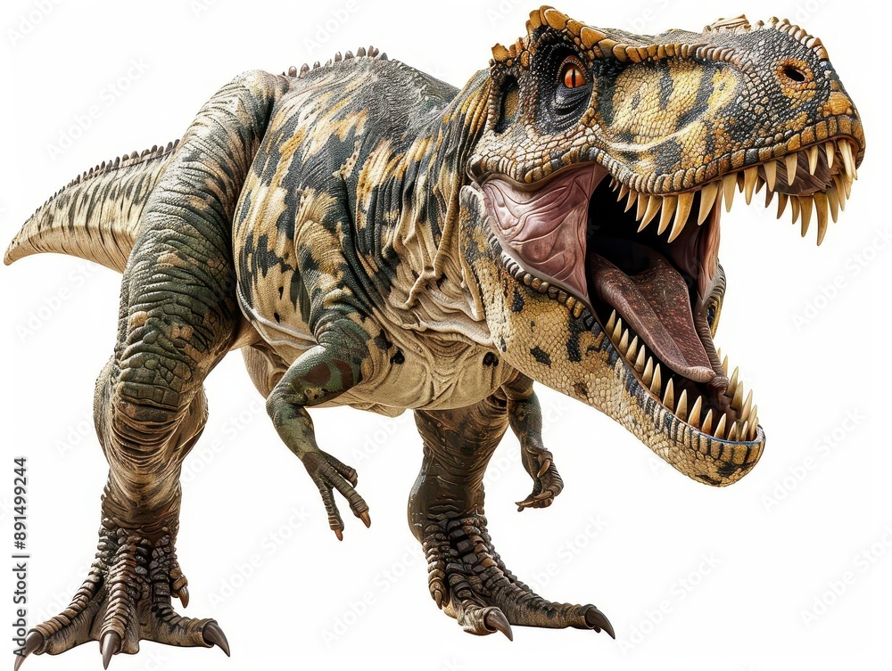 Fototapeta premium Ferocious and realistic Tyrannosaurus Rex dinosaur roaring, showcasing powerful jaws and sharp teeth. Perfect for educational or themed displays.