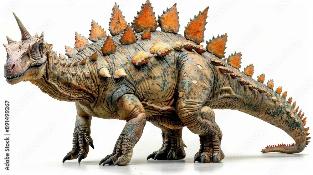 Realistic 3D illustration of a dinosaur with spiked back and horns in a prehistoric setting, showcasing unique features and detailed textures. Realistic 3D illustration of a dinosaur with spiked back and horns in a prehistoric setting, showcasing unique features and detailed textures.