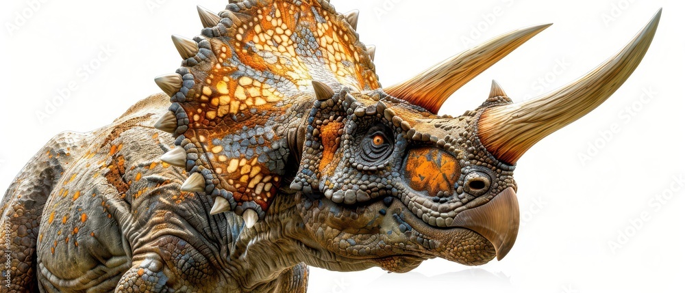 Fototapeta premium Detailed close-up of a colorful dinosaur with horns and vibrant scales, illustrating a prehistoric creature in high resolution.