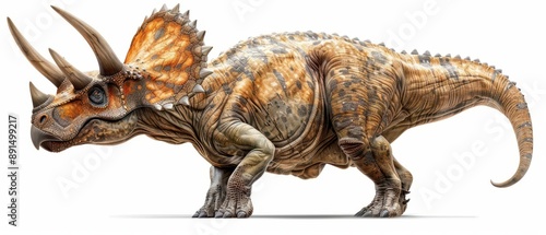 Digital illustration of a detailed, lifelike triceratops dinosaur on a white background, showcasing its distinct features and texture.