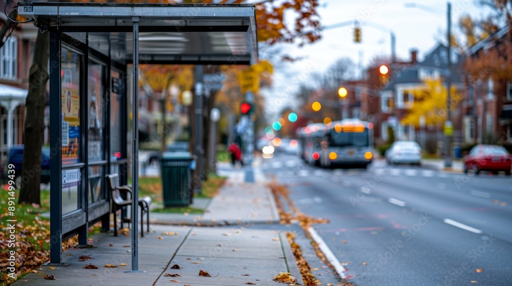 Obraz premium A bus is driving down a street with a bus stop in the background