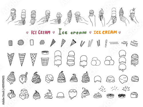 Ice cream constructor. Prefabricated ice cream with various toppings, scoops and triple scoops ice cream and waffle cones. Hand with waffle cone. Waffle cones for ice cream. Doodle style