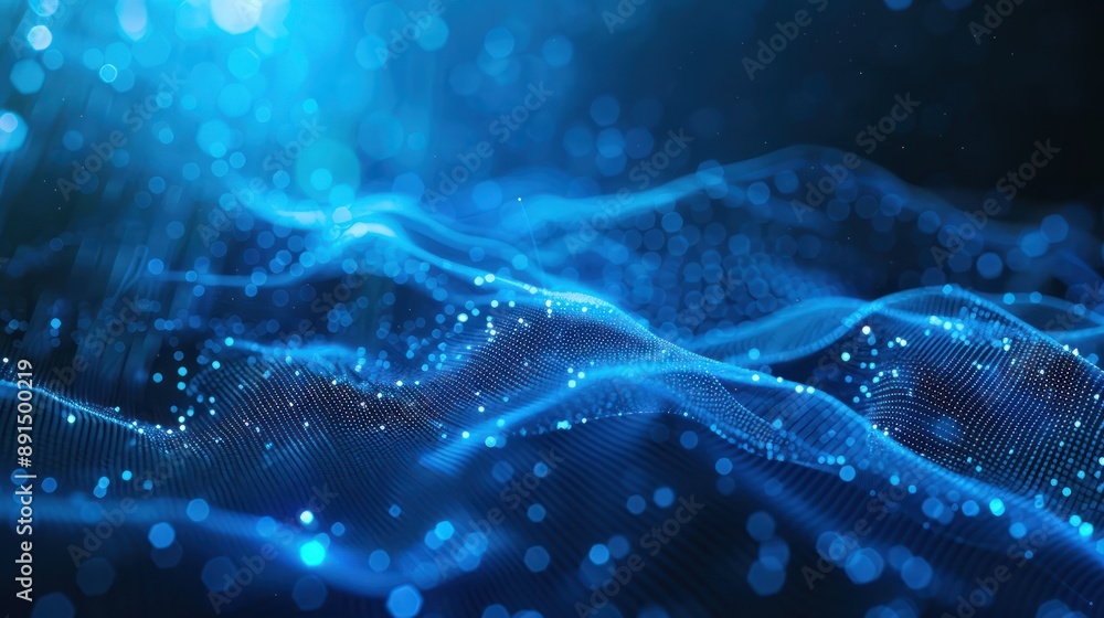 Smooth smoke particle wave, big data techno background with glowing dots, hi-tech concept, blue color