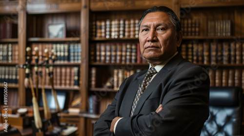 Confident Native American Lawyer in Traditional Attire Standing in Law Office with Legal Books