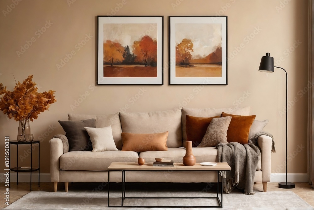Fototapeta premium Contemporary living room in autumn colors with simple furniture. mock-up living room ideas.