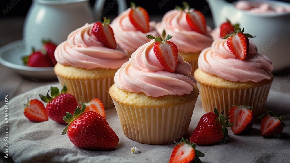 Cupcakes with cream and strawberries Cupcakes with cream and strawberries