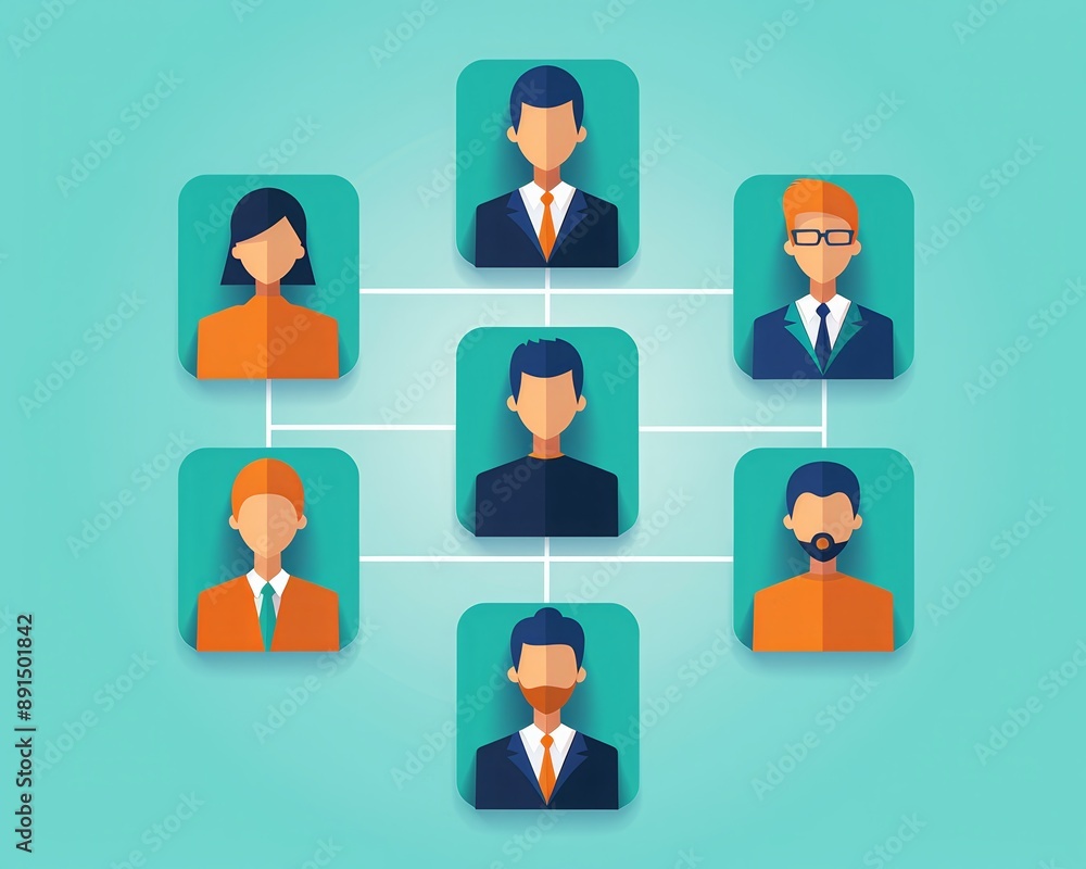 Flat design illustration of a team structure with interconnected avatars representing business hierarchy on a turquoise background. Flat design illustration of a team structure with interconnected avatars representing business hierarchy on a turquoise background.