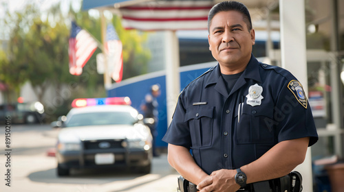 Confident Latino Police Officer Standing in Front of Station with American Flag - Law Enforcement and Duty Concept
