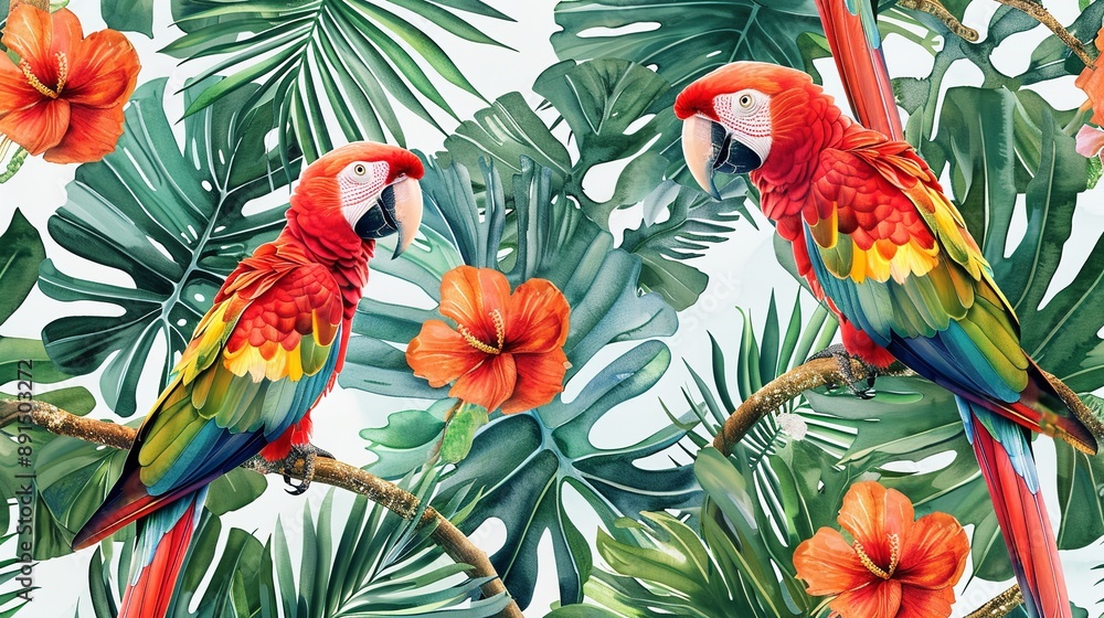 Fototapeta premium Tropical Paradise: Two Macaws Amidst Lush Foliage