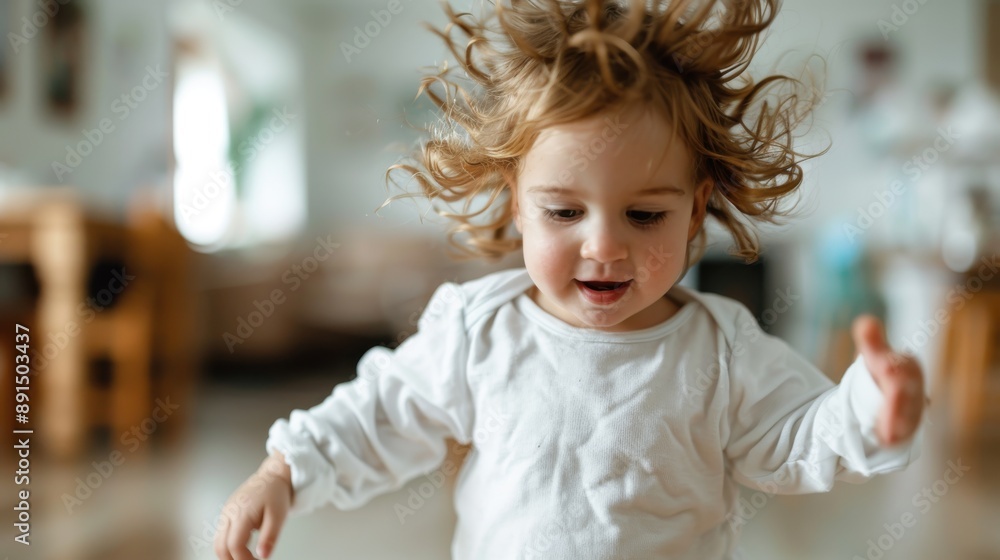 A toddler laughs joyfully while running indoors, blonde hair flying, symbolizing the carefree life of childhood and the pure delight in simple, spontaneous moments. A toddler laughs joyfully while running indoors, blonde hair flying, symbolizing the carefree life of childhood and the pure delight in simple, spontaneous moments.
