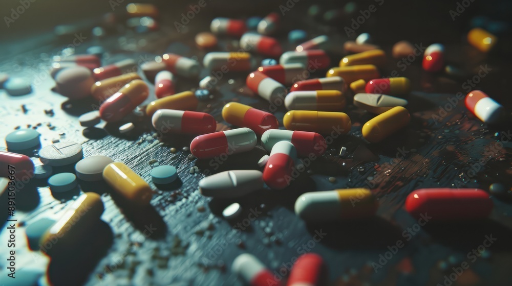 A close-up of various prescription pills scattered on a table, symbolizing the widespread issue of drug overuse and its pandemic-like impact on society. A close-up of various prescription pills scattered on a table, symbolizing the widespread issue of drug overuse and its pandemic-like impact on society.